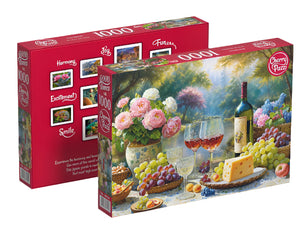 Two puzzle boxes, one red and one with a scenic design of wine and fruit, on a black background.