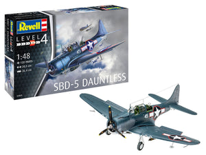 Built model & box of the Revell - 1/48 SBD-5 Dauntless Navy Fighter 