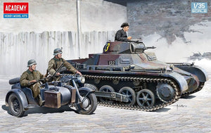 Model tank and motorcycle with soldiers on a gray background, featuring 'Academy' branding.