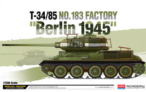Model tank with 'T-34/85 NO.183 Factory Berlin 1945' text on a green background