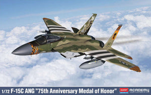 Model of F-15C Angel '75th Anniversary Medal of Honor' in flight with Academy branding.