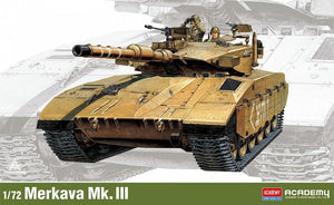 Model of a Merkava Mk. III tank on a white background with 'Academy' branding.