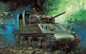 Tank in a jungle setting with soldiers and another tank in the background