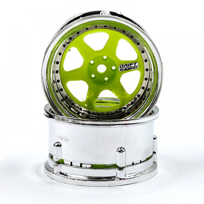 DS Racing - Drift Element 6 Spokes Rim 2 pcs Lime Chrome Lip w/ Black Rivets For 1/10 RC Drift