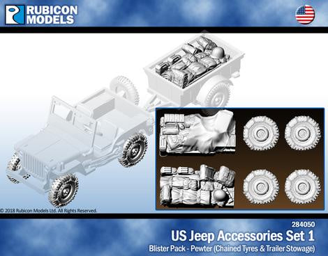 Rubicon Models - 1/56 US Jeep Accessories Set 1 - Chained Tyres & Trailer Stowage
