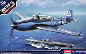 Model of a USN TBF-1C airplane on a blue background with Academy branding.