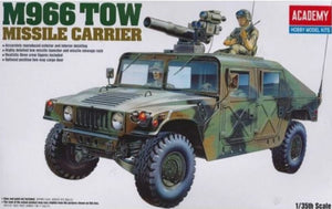 A scale model kit of an M-966 tow missile carrier, camouflaged with details, marketed by Academy.