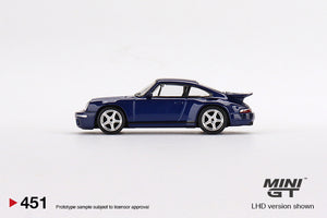 MiniGT - 1/64 RUF CTR Anniversary Dark Blue Porsche side view.