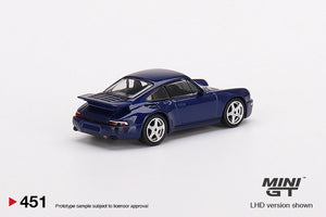 MiniGT - 1/64 RUF CTR Anniversary Dark Blue Porsche side rear view.