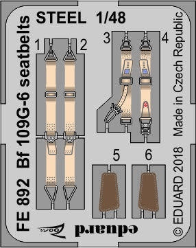 Eduard - 1/48 Bf 109G-6 Seatbelts STEEL (Color Photo-etched)(for Tamiya) FE892